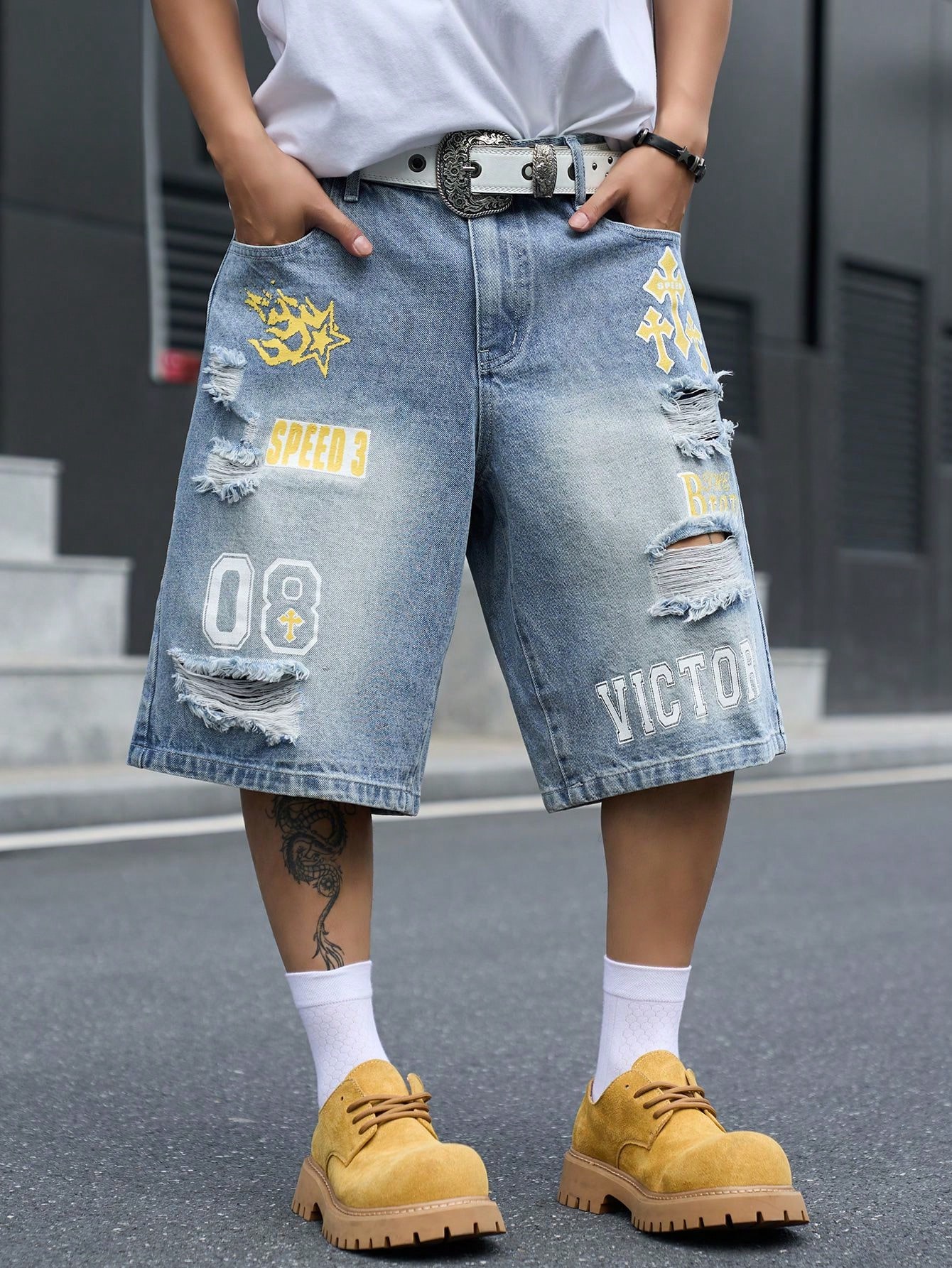 Men's Loose Fit Denim Bermuda  - Street Fashion Baggy 评论和价格