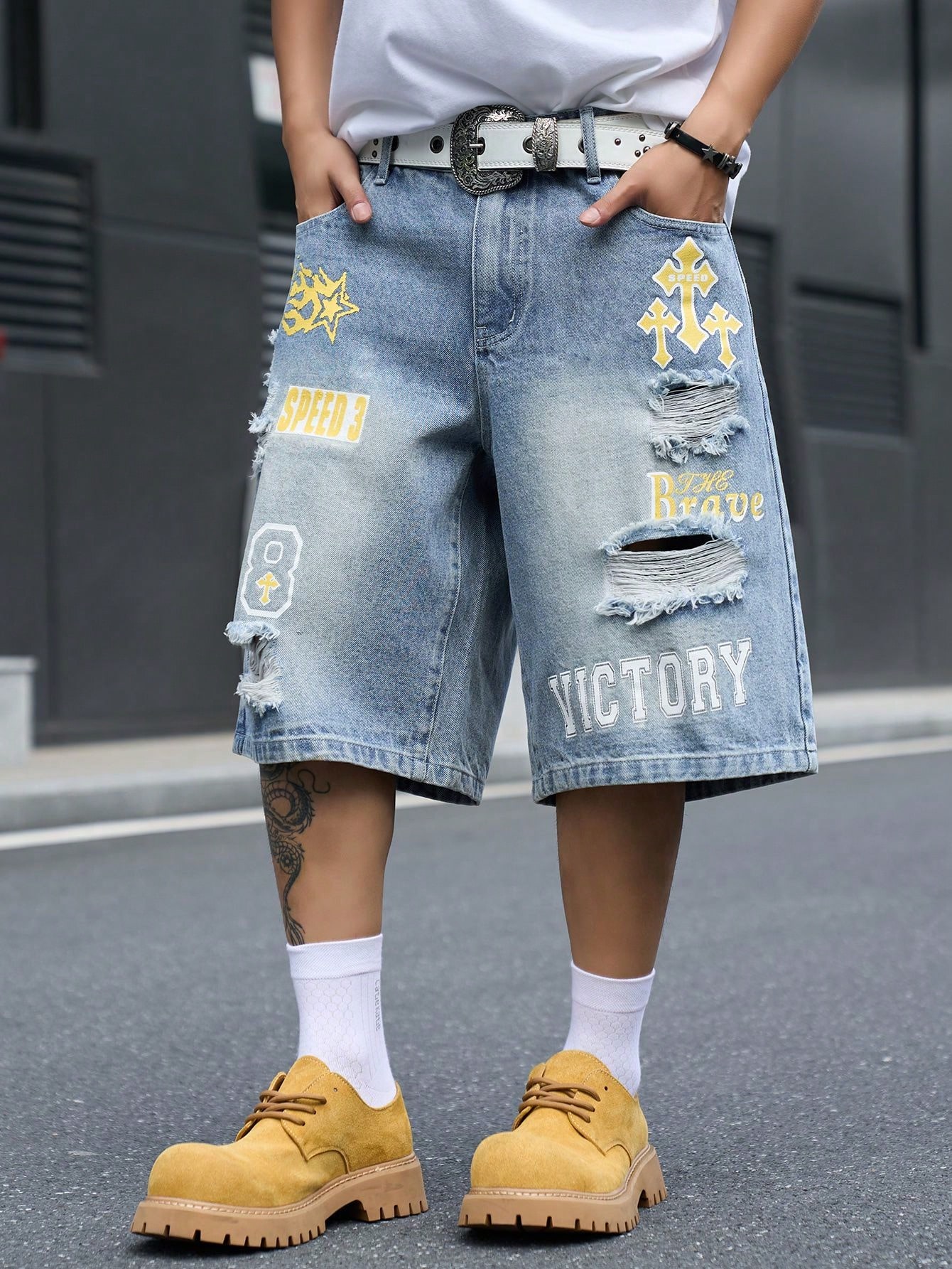 Men's Loose Fit Denim Bermuda  - Street Fashion Baggy 评论和价格