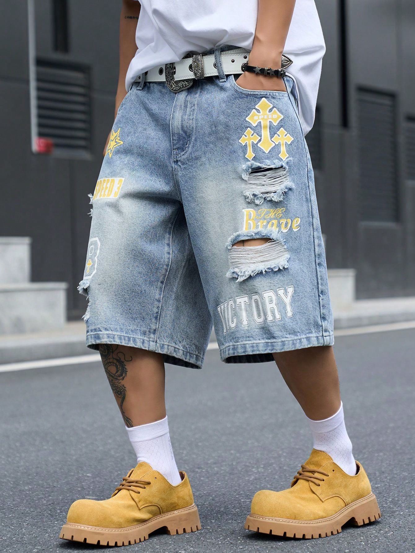 Men's Loose Fit Denim Bermuda  - Street Fashion Baggy 评论和价格